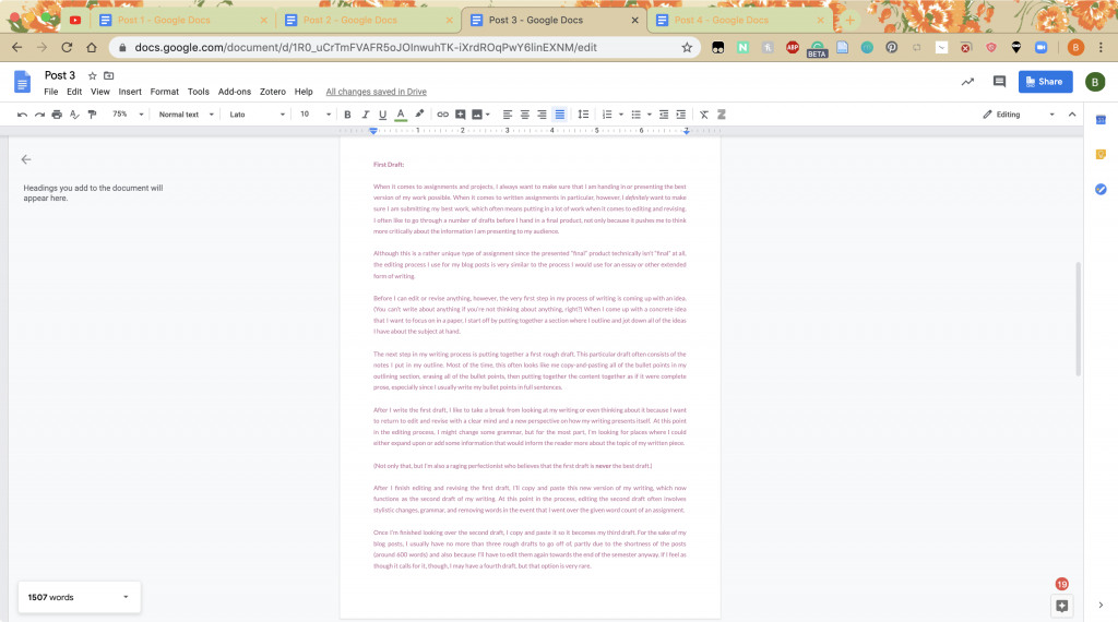 A document with a rough draft of a blog post typed in a pink-tinged purple color.