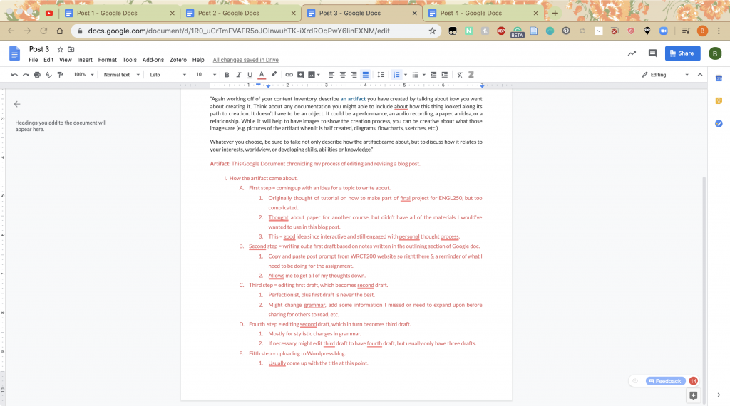 A document with an outline of a blog post typed in red.