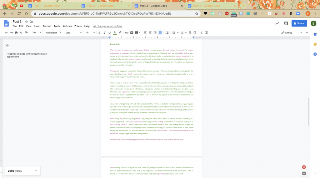 A document with a second rough draft of a blog post typed in light green.