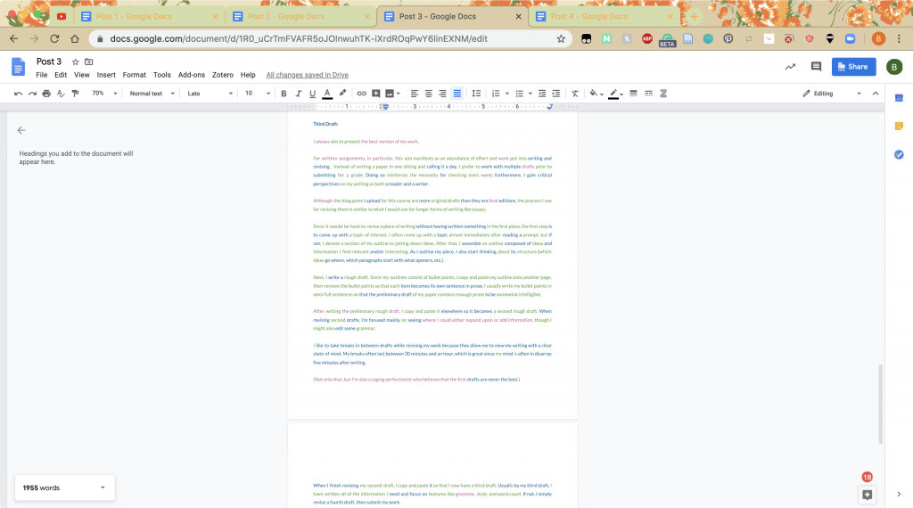 A document with a third rough draft of a blog post typed in dark blue.